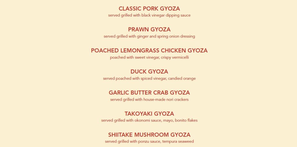 Harajuku Gyoza Menu