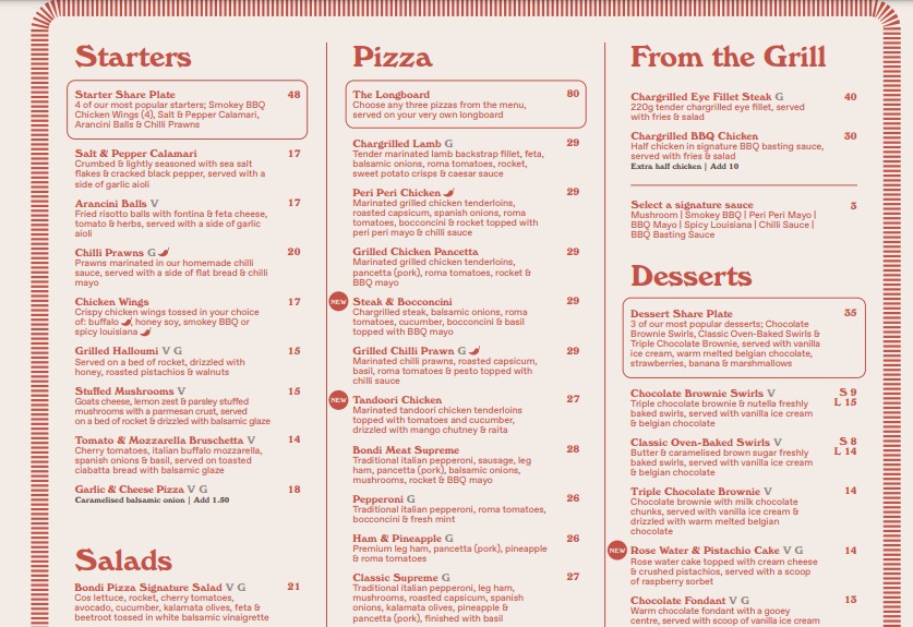 Bondi Pizza Menu Prices Australia