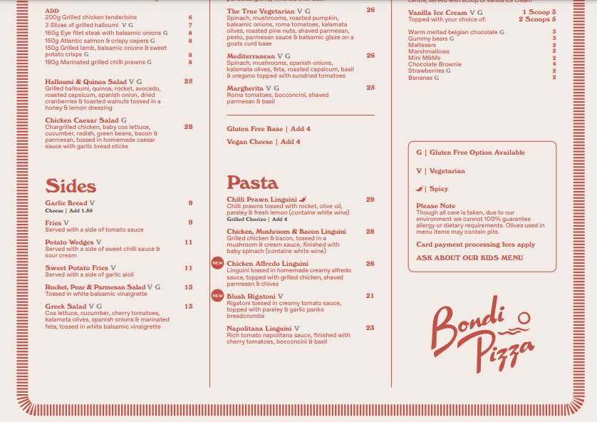 Bondi Pizza Menu