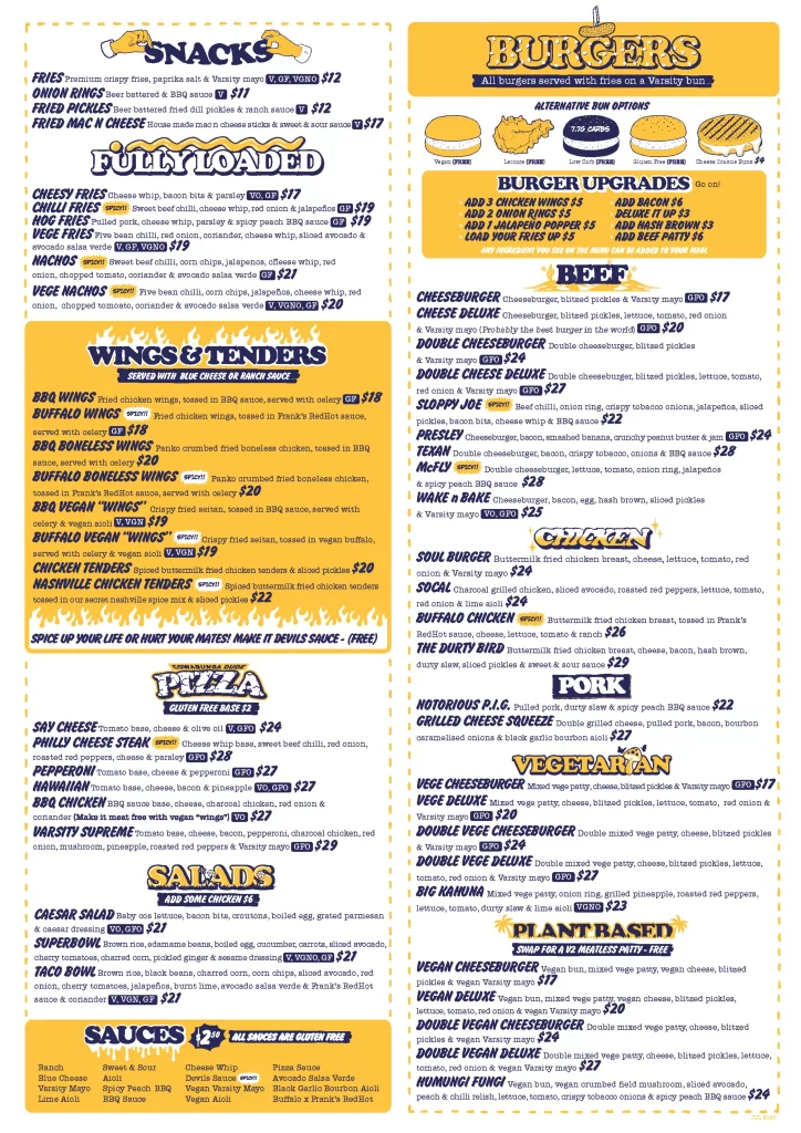 varsity menu